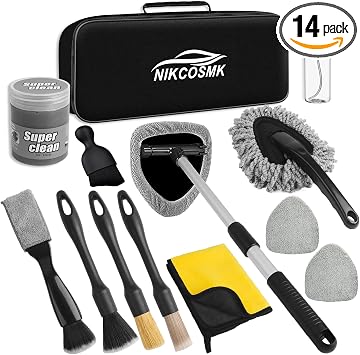 Windshield Cleaner Tool, 14Pcs Car Cleaning Kit - Car Interior Detailing Kit with Extendable Handle, Cleaning Gel & Micr