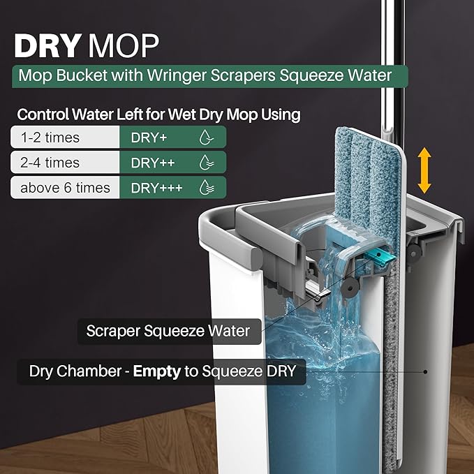 JOYMOOP Flat Mop and Bucket Set, White Microfiber Flat Mop System, Hands-Free Floor Cleaning Kit, 8 Washable Microfiber Pads, Wet and Dry Use, Commercial & Household Floor Cleaning Kit