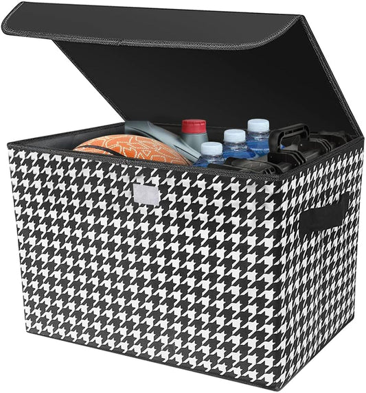 8sanlione Car Cargo Trunk Storage Box with Lid, Houndstooth Pattern Large Capacity Collapsible Storage Organizer With Cover, Non-slip Bottom Carrying Handles, Fit All Cars (Black/White)