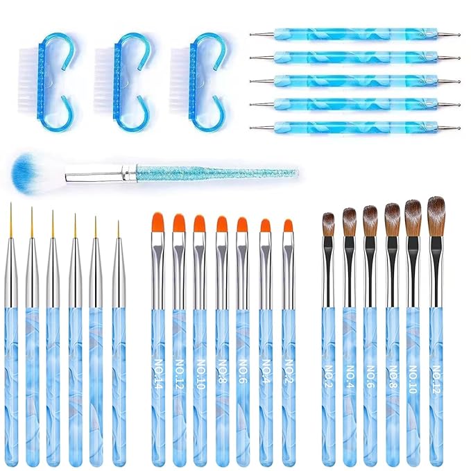 28Pcs Blue Nail Art Brush Set, Professional Acrylic Gel Nail Brushes, Nail Liner Dotting Pen, Nail Dust Cleaning Brush, Manicure Tools Kit for Nail Sculpting, Acrylic Powder Application, Nail Design