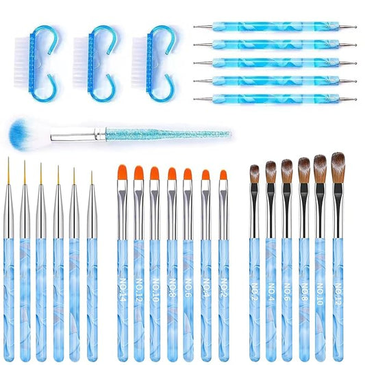 28Pcs Blue Nail Art Brush Set, Professional Acrylic Gel Nail Brushes, Nail Liner Dotting Pen, Nail Dust Cleaning Brush, Manicure Tools Kit for Nail Sculpting, Acrylic Powder Application, Nail Design