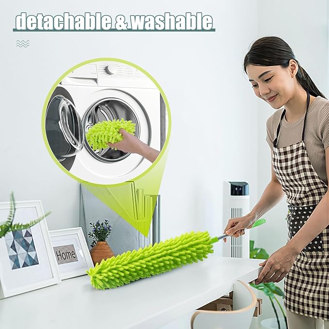 Microfiber Duster with Extension Pole 30 to 100'', Bendable Reusable Washable Feather Dusters for Cleaning High Ceiling Fan, Cobweb, Blinds, Keyboard, Furniture & Cars, Green Gift for Women (11 PCS)