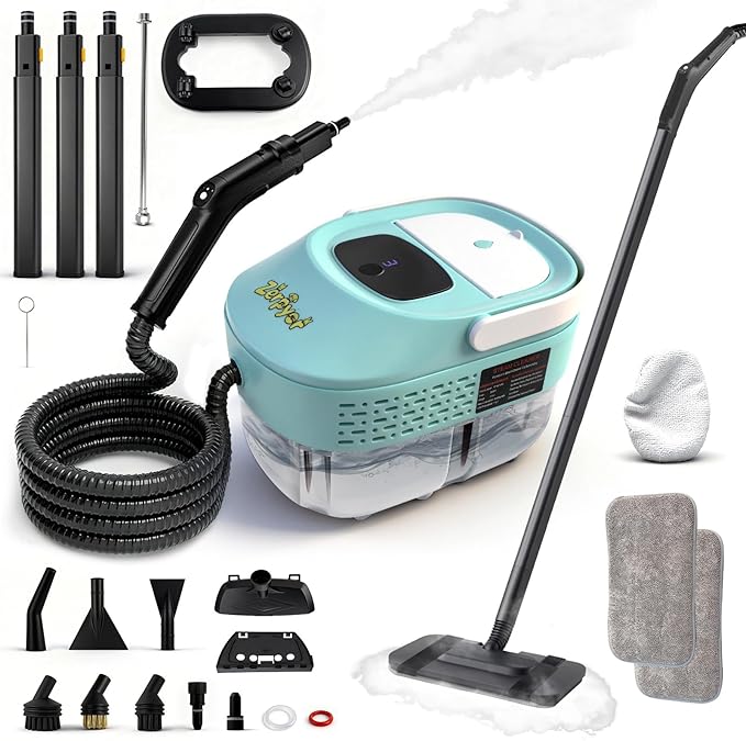 Steam Mop, 19 in 1 Detachable Steam Cleaner, 54OZ Tank, 10S Heat-up, Pressurized Deep Cleaning Steamer, 3-Level Temp & 221°F for Floors, Carpets, Tiles, BBQ grill, Car, Window (MINT GREEN)