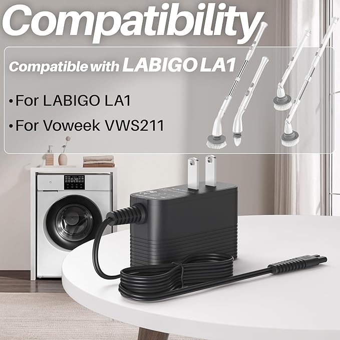 9V Power Supply for Labigo Electric Spin Scrubber LA1 Pro Charger for Voweek Electric Spin Scrubber AC Adapter Compatible with Voweek VWS211 SP02 for Labigo LA1 Pro Cordless Cleaning Brush Power Cord