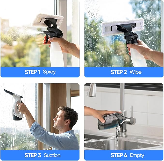 Window Vacuum Squeegee Cordless, Window Vacuum Cleaner with 2000Pa Streak-Free Suction, 30–40" Extension Pole, 11-Inch Cleaner Tool for High Windows, Shower Glass, Tiles & Mirrors