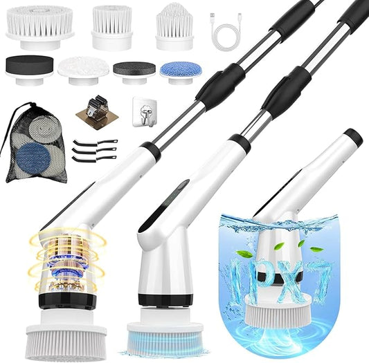 WKY-Electric Spin Scrubber - Upgraded 12-in-1 IPX7 Waterproof Shower Scrubber, Retractable Handle & 2-Speed for Toilet, Bathroom, Bathtub, Tile Floors