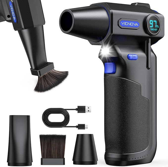 VICNOVA Compressed Air Duster, 150000RPM Brushless Motor Cordless Electric Air Blower, 3-Gear Rechargeable Air Duster with LED Light for PC, Computer, Laptop, Keyboard, Car Cleaning, Gifts for Men