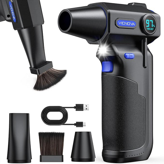 VICNOVA Compressed Air Duster, 150000RPM Brushless Motor Cordless Electric Air Blower, 3-Gear Rechargeable Air Duster with LED Light for PC, Computer, Laptop, Keyboard, Car Cleaning, Gifts for Men