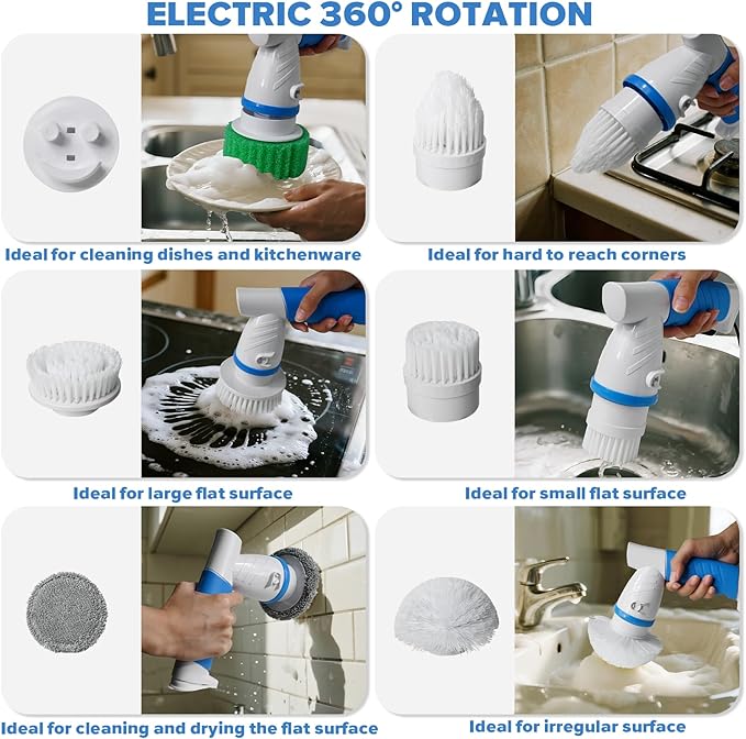 Electric Spin Handle for Scrub Daddy/Mommy Sponges with 6 Replacement Brush Heads, Power Scrubber Electric Cleaning Wand Brush for Sink/Window/Tub/Tile/Floor,Waterproof, Cordless and Rechargeable