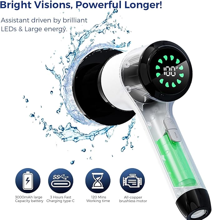 Electric Spin Scrubber, Cordless Power Cleaning Brush with 8 Replaceable Heads, 2 Adjustable Speeds, LED Display & Long Handle, Ideal for Bathroom Tub Tile Floor Car Cleaning