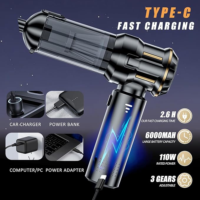 Handheld Car Vacuum Cordless, Mini Vacuum Cleaner Rechargeable, 16000Pa Hand Held Vacuum Cleaner Portable, Small Vacuum with Multi-Nozzles, Dust Duster for Car Home Office Pet (Black Gold)