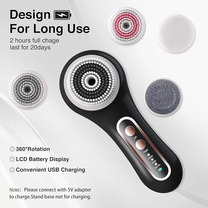 UMICKOO Electric Facial Cleansing Brush, 2-Way Rotating Face Scrubber for Daily & Deep Cleaning, 3 Modes, 5 Brush Heads, Rechargeable, IPX7 Waterproof for All Skin Types