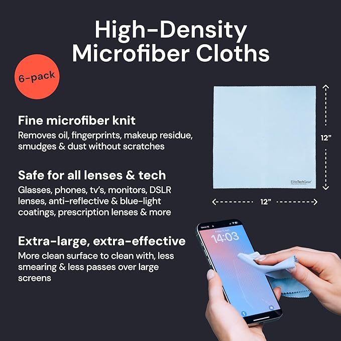 Elite Tech Gear Large Microfiber Cleaning Cloth (6-Pack) - 1-pc 12" x 12" and 5-pc 6"x7" - Glasses Cleaning Cloth for TV Screens, Camera Lenses and Tablets (Blue)