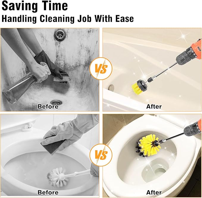 8 Pcs Drill Brush Attachment Set, Power Cleaning Scrub Brush Kit with Extend Long Attachment, All Purpose Drill Scrub Brushes for Car, Grout, Floor, Tub, Bathroom and Kitchen (Yellow)