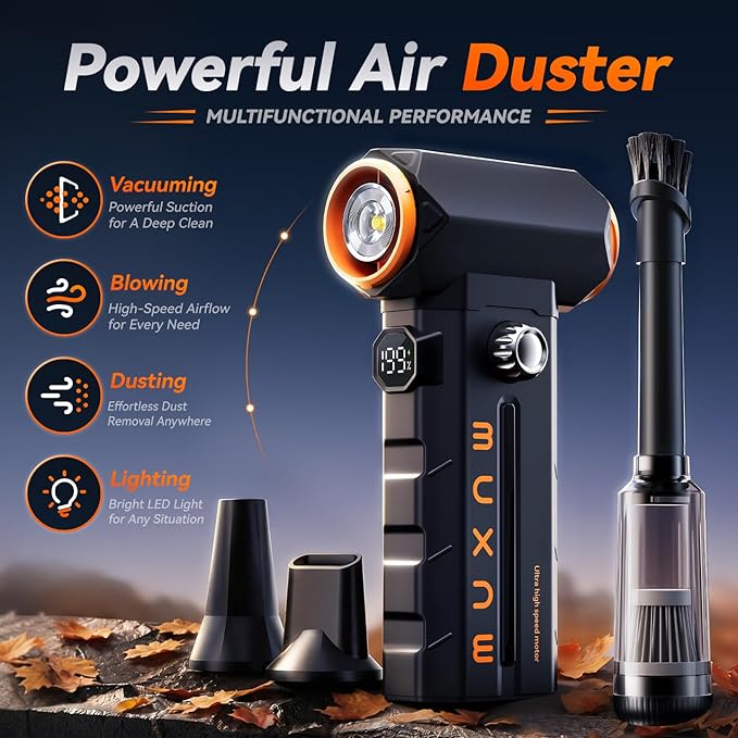MUXNW Electric Compressed Air Duster: 8000mAh Rechargeable, 100-Speed Adjustable, 3-in-1 Cordless Dust Blower – for Keyboard, PC, Car, BBQ, Ideal Gift for Men