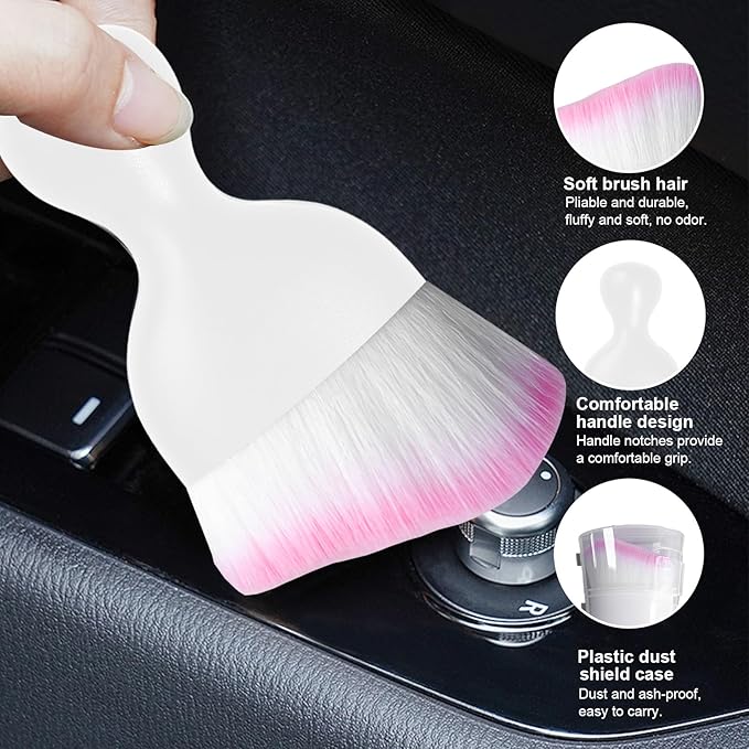 Ziciner Car Detailing Brush, Curved Soft Bristles Auto Removal Dust Collectors, Universal Vehicle Dashboard, Air Conditioner Vents etc Interior Cleaning Tool Accessory (White/White/Pink)