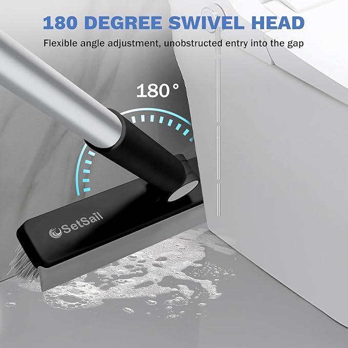 SetSail Grout Cleaner Brush with Long Handle, V-Shaped Floor Scrub Brush Swivel Grout Brush Stiff Bristle Floor Grout Scrubber for Bathroom, Tile Line, Crevice, Kitchen, Wall, Deck, Garage, Black Grey