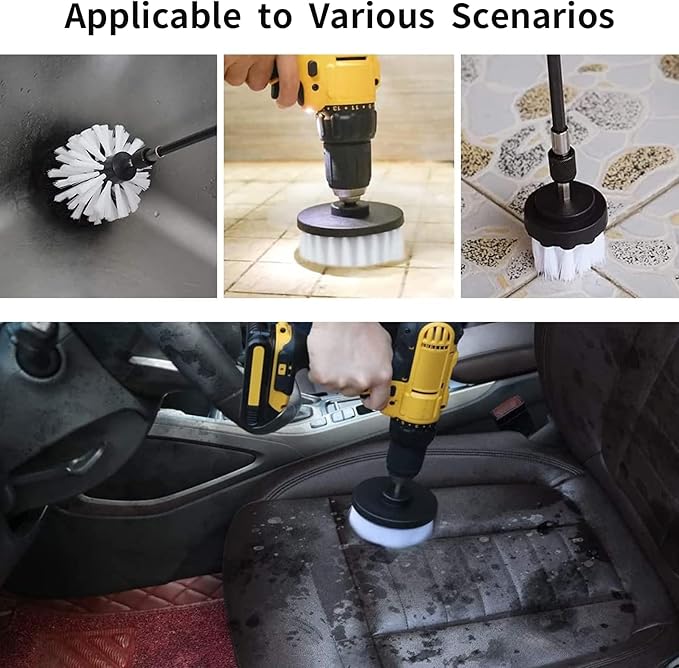 8 Pcs Drill Brush Attachment Set, Power Cleaning Scrub Brush Kit with Extend Long Attachment, All Purpose Drill Scrub Brushes for Car, Grout, Floor, Tub, Bathroom and Kitchen (White)