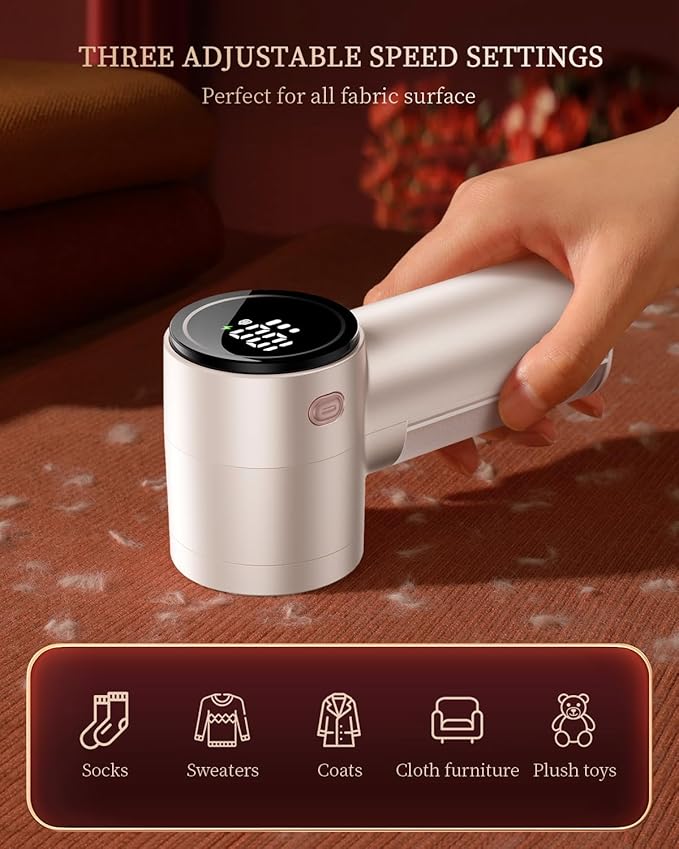 Fabric Shaver, Rechargeable Lint Shaver with Digital Display, 3-Speeds Sweater Shaver with 6-Leaf Blades, Electric Portable Lint Remover to Remove Pilling for Clothes, Furniture, Couch, Blanket