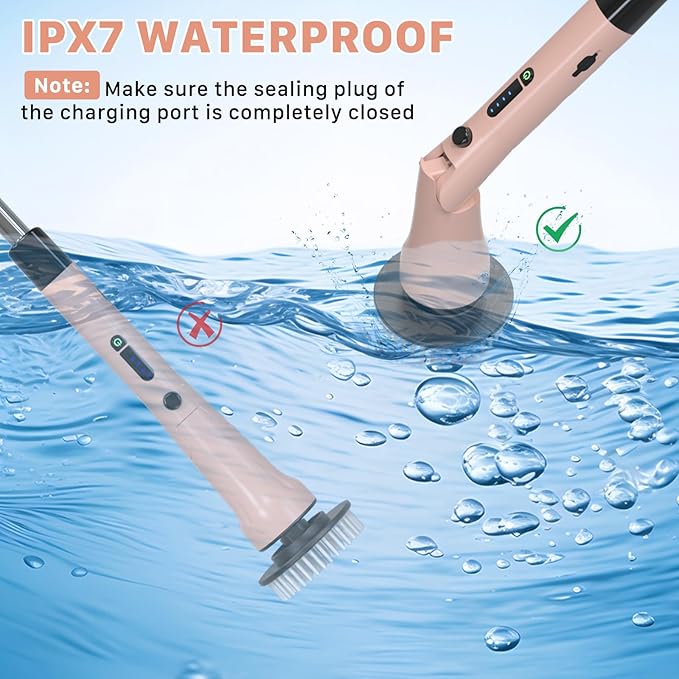Electric Spin Scrubber, Hillyfe Bathroom Scrubber Electric with 7 Replaceable Brush Heads, IPX7 Waterproof,300/400 RPM, 3 Adjustable Length,Scrubber Brush Electric for Bathtub Floor,Pink