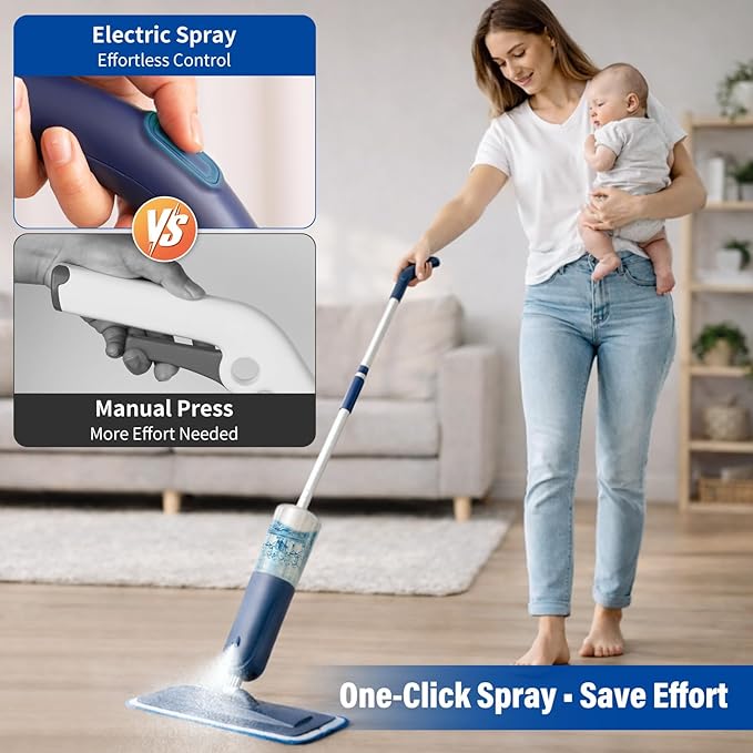 PowerMop for Floor Cleaning with 3 Washable Pads - Wet Dry Microfiber Mop with 720 ml Refillable Bottle for Kitchen Wood Floor Hardwood Laminate Ceramic Tiles Floors Dust Cleaning