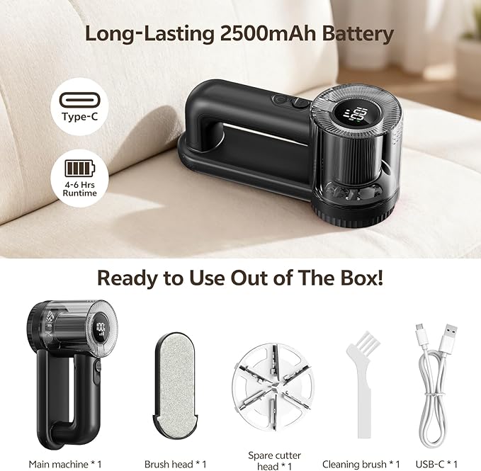 Rechargeable Fabric Shaver, 2-in-1 Lint Remover for Clothing, Furniture, Sweater with 6-Blade, 200ml Container, LED Display, 2000mAh USB-C, 3-Speed Lint Shaver Eliminates Fuzz & Pilling