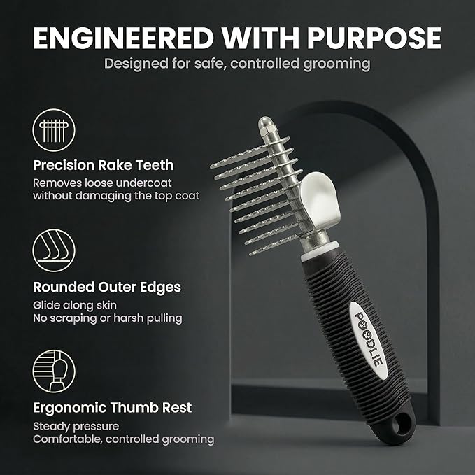Poodle Dematting Fur Rake Comb Brush for Dogs and Cats - Long 2.5" Steel Safety Blades Metal Comb for Detangling Matted or Knotted Undercoat Hair