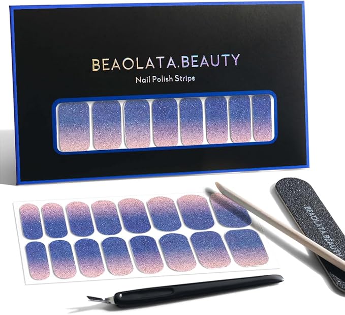 Nail Polish Strips, 32PCS Salon Quality Wraps, Long Lasting Gel Nail Stickers for Women Easy Apply& Remove (Dreamy Duet Blue)