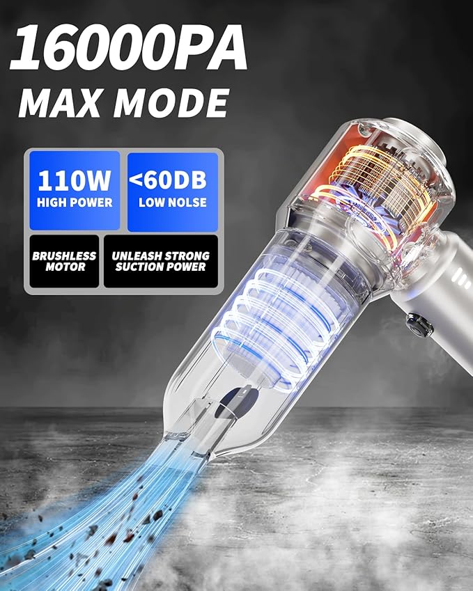 Handheld Vacuum Cordless, 16000Pa Strong Suction Car Vacuum Cleaner Rechargeable, 2-in-1 Blow & Suction, 140W High Power Hand Vacuum for Car, Desk, Keyboards, Pet Hair