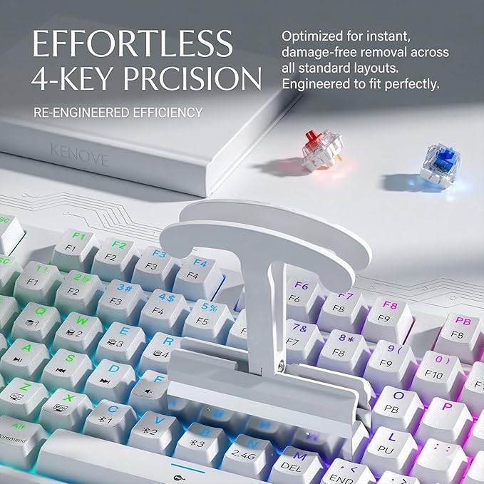 4-Key Keycap Puller & Remover Tool, 4X Faster Keycap Removal for Mechanical & Hot-Swappable Keyboards, Keyboard Cleaning Tool Compatible with Most Key Layout, Large, White