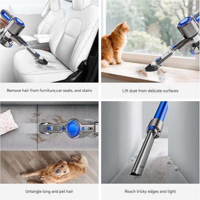 Cordless Vacuum Cleaner for Home, Powerful Stick Vacuum with Rechargeable Battery, Green Light Anti-Tangle Brush, 6-in-1 Lightweight Handheld Vacuum for Pet Hair, Hard Floor, Carpet, Blue