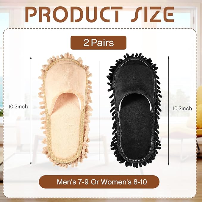 Jecery 2 Pairs Microfiber Cleaning Mop Slippers for Floor Cleaning House Mop Shoes Men and Women Washable Unisex Dusting Slippers Dirt Tool Supplies(Medium,Black, Beige)