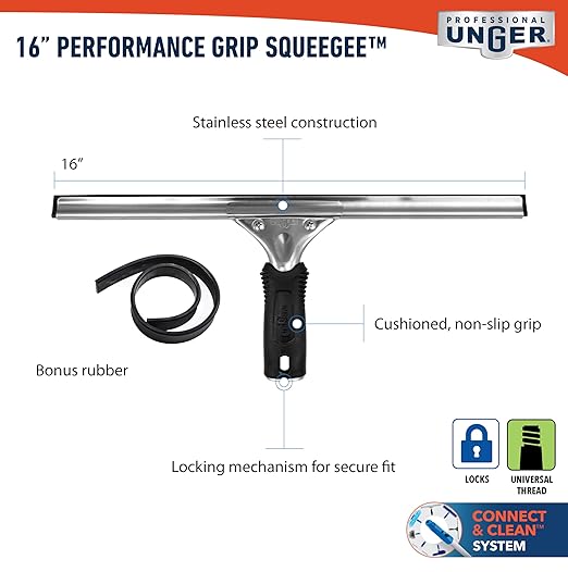 Unger Connect and Clean 16” Performance Window and Glass Cleaning Squeegee with Replacement Rubber, Cleaning Supplies, Heavy Duty Household Cleaner Tools with Streak-Free Results