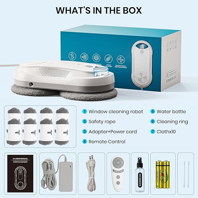 KKI Window Cleaning Robot, Auto Window Cleaner Robot, Dual Spray, Max 3200Pa, AI Path Planning & Edge Detection, Remote Control for High-Rise Windows, Glass Door,5Pairs Cloths, X3 (White)