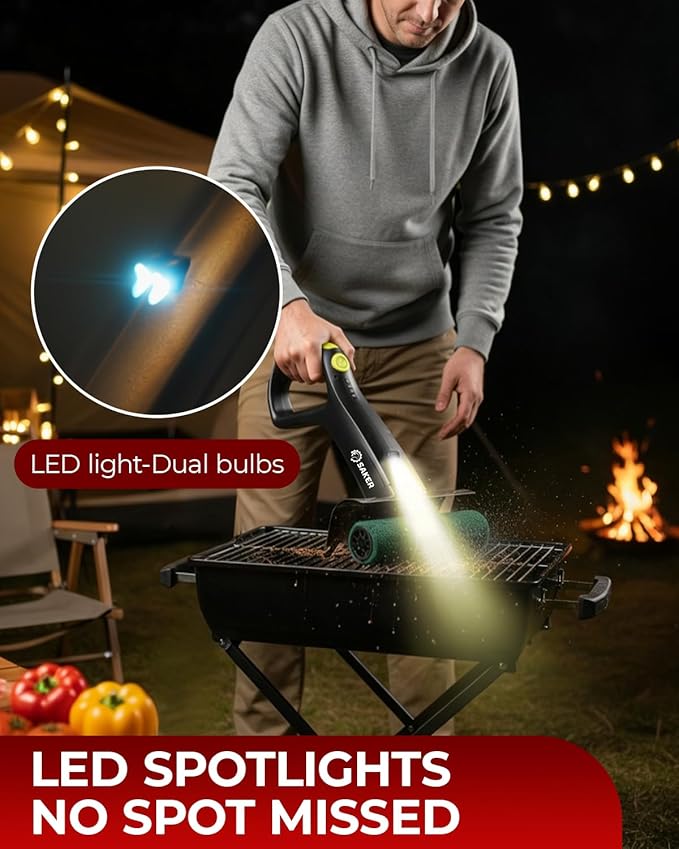 Saker Electric Grill Brush with 450 RPM & LED Light | Tangle-Free Grill Cleaning Brush with Durable Roller | Complete 8-Piece Brush & Scouring Pad Kit | Ideal Grilling Gift for Dad