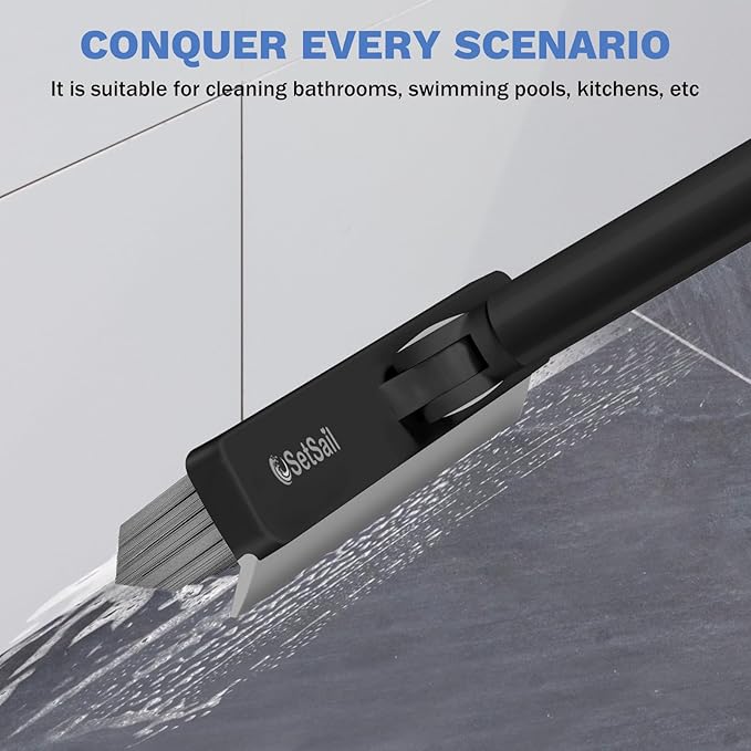 SetSail Grout Cleaner Brush with Long Handle, V-Shaped Floor Scrub Brush Swivel Grout Brush Stiff Bristle Floor Grout Scrubber for Bathroom, Tile Line, Crevice, Kitchen, Wall, Deck, Garage, Black Grey