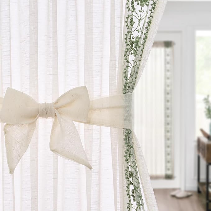 jinchan French Sheer Volie Door Curtain Embroidered Christmas Decor Farmhouse Linen Curtain for Patio Door with Tie up Bows for Door Window Closet Light Filtering 40 Inches 1 Panel Green on Beige