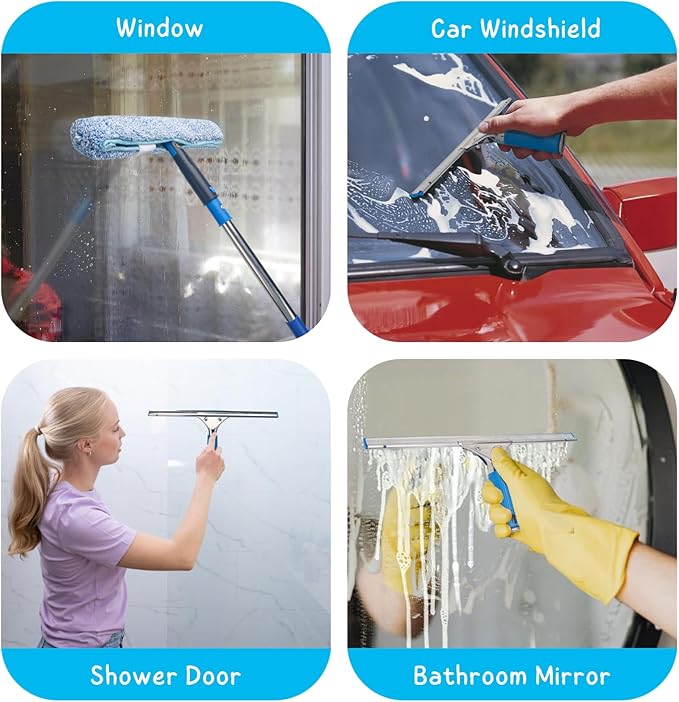 Window Squeegee with Scrubber for Home and Outdoor Glasses Cleaning, 6 Ft Long Handle 2 in 1 Professional Window Washing Kit with Replacement Rubber Blade, Car Windshield Cleaner Tool