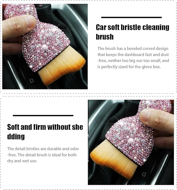 zipelo Auto Interior Dust Brush, Car Detailing Cleaning Brush with Diamond, Bling Handle Soft Bristles Dusting Tool, Scratch Free Dirt Clean Brushes for Vehicle Dashboard, Air Conditioner Vent (Pink)
