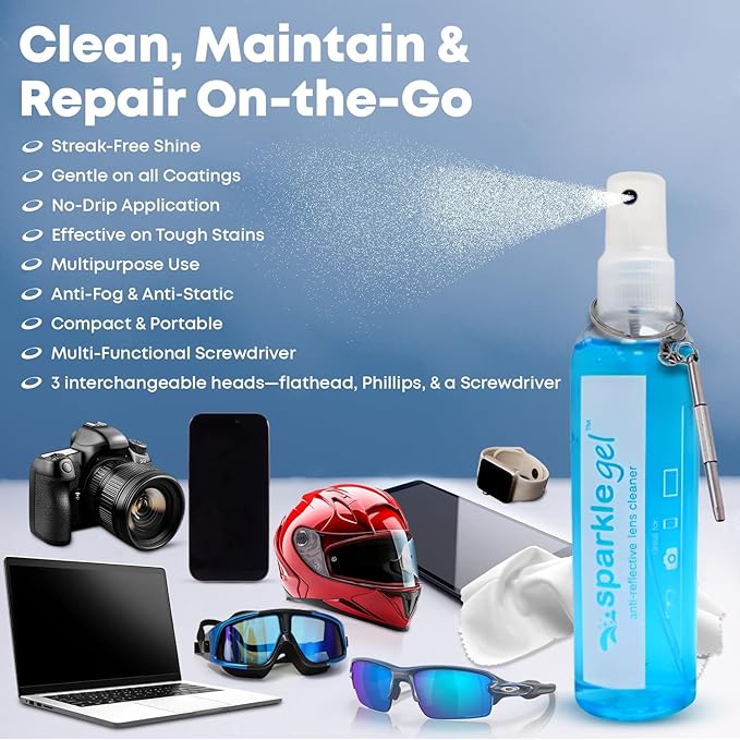 Sparkle Anti-Reflective Safe Gel Lens Cleaner & Repair Kit – (2) 2oz Glasses Cleaner Spray, (2) Microfiber Cloth & Keychain Screwdriver for Eyeglasses, Lenses & Screens (5 Piece Set)