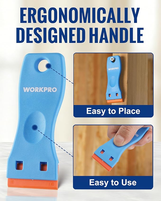 WORKPRO 6-Piece Plastic Razor Blade Scraper with 120 Pcs Plastic Razor Blades, for Gasket Remover, Labels Decal and Adhesive Remover for Windows and Glass