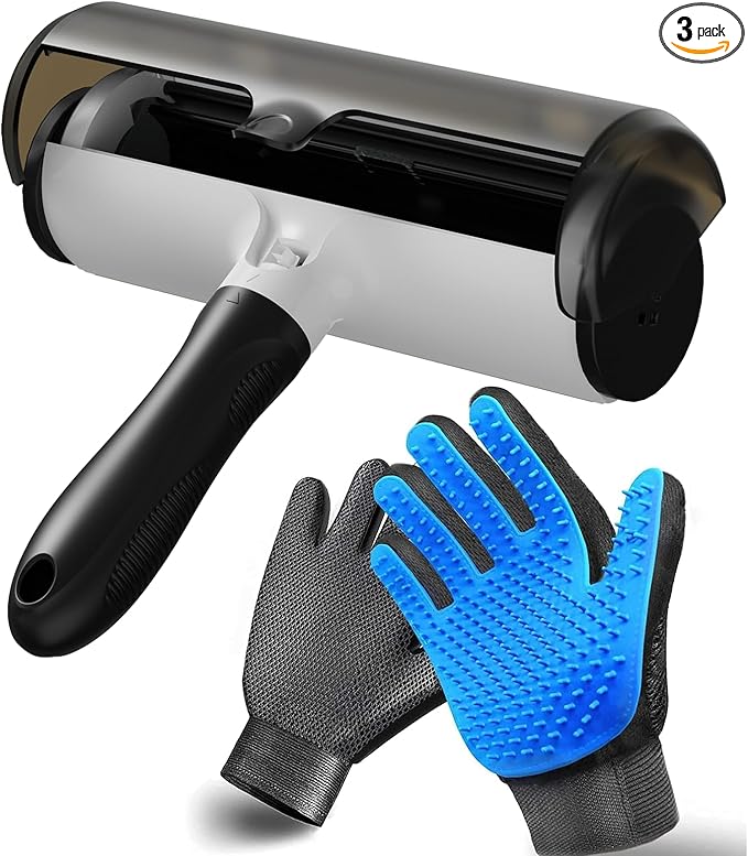 NVNAN Pet Hair Remover & Pet Grooming Gloves Set - Deshedding Brush for Cats/Dogs, Reusable Lint Roller Brush for Cats,Dogs - Furniture, Car, Couch, Clothes and Bedding