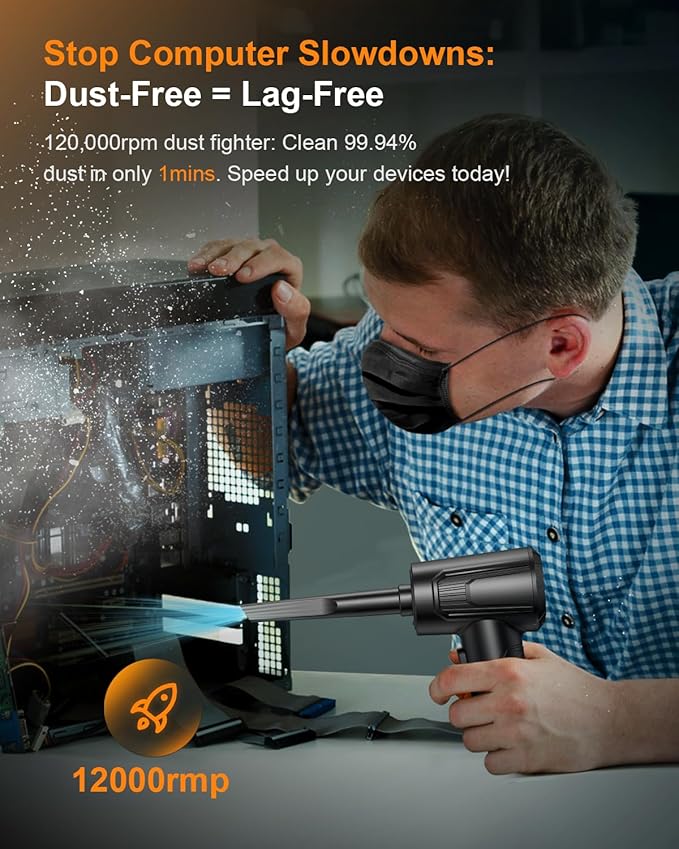 11-in-1 Compressed Air Duster-3-Gear Adjustable 120000 RPM Electric Air Duster with LED Light, Reusable no Canned Keyboard Cleaner for Office, 9000mAh Cordless Air Duster for Computer/Car/Home (Black)