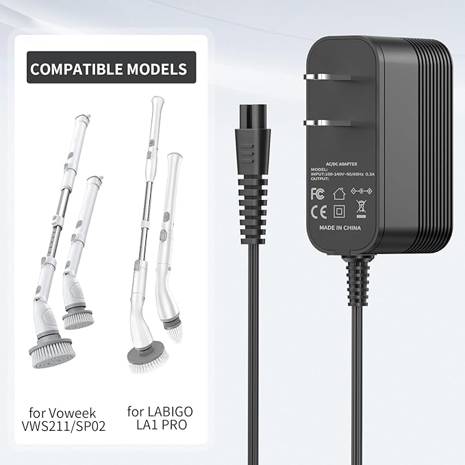 9V Charger for Voweek Electric Spin Scrubber Power Cord Compatible with Voweek VWS211/SP02/ AC Adapter Supply Replacement for LABIGO LA1 Pro Charger Cord