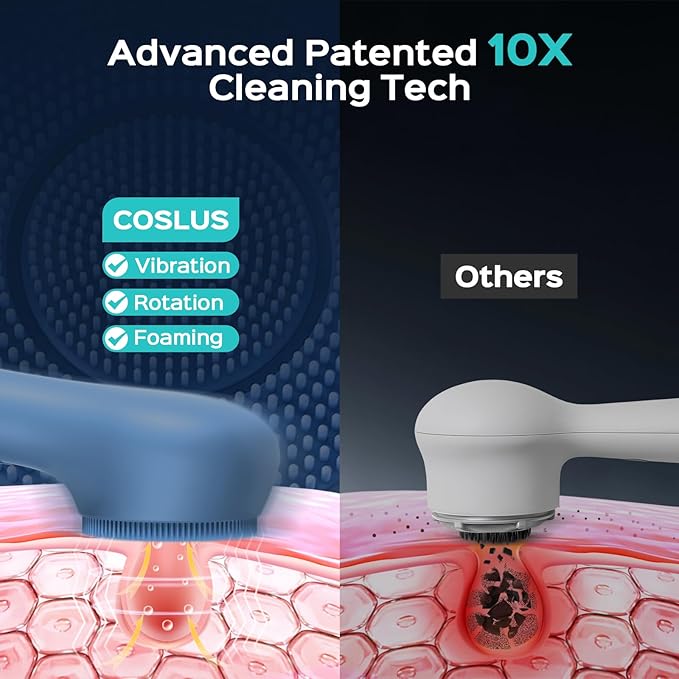 COSLUS FBS03 Face Scrubber Facial Cleansing Brush: 2 in 1 Spin and Vibration Patented, Silicone Electric Exfoliator Scrubber with Automatic Foaming, Waterproof Face Cleanser Brush for Men and Women
