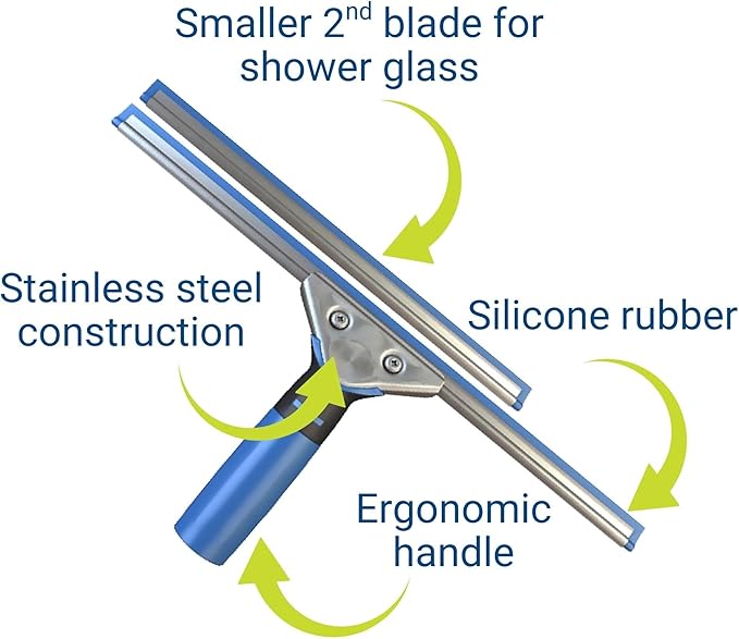 Professional Squeegee - Premium Quality Silicone Rubber Blades with Ergonomic Handle for Streak-Free Cleaning - Perfect for Windows, Shower Doors, and Railings