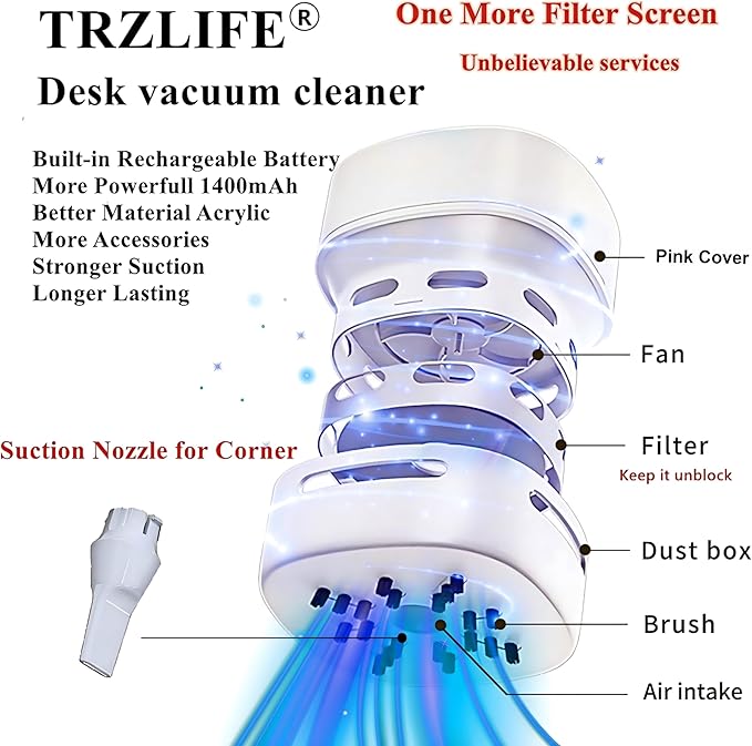 TRZLIFE USB Rechargeable Mini Desk Vacuum, Cordless Portable Keyboard Desktop Countertop Cleaner, Ideal Office Accessory Ideal Gift, Pink
