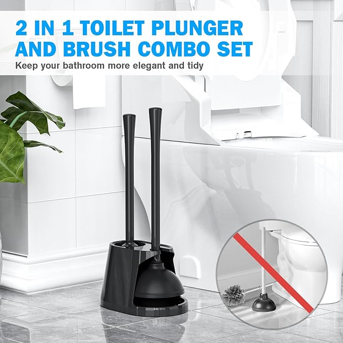 Toilet Plunger and Brush Set, Bowl Brush and Heavy Duty Toilet Plunger with Ventilated Holder, 2-in-1 Toilet Brush and Plunger Combo for Bathroom Deeply Cleaning（Black