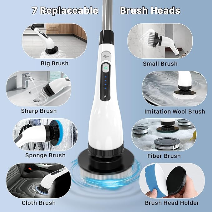 Electric Spin Scrubber, Cordless Cleaning Brush with 7 Replaceable Heads Brush, Power Scrubber with 12 & 54in Extendable Handle, 2 Speed 400RPM Shower Scrubber for Bathroom, Tub, Tile, Floor, Car