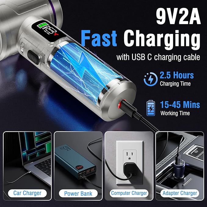 Handheld Car Vacuum Portable Cordless, Hand held Vacuum Cleaner & 22000 Pa High-Power Suction Air Duster for Car Cleaning, Home, Office, Pet Hair | Multi-Nozzle, Washable Filter, LED Light